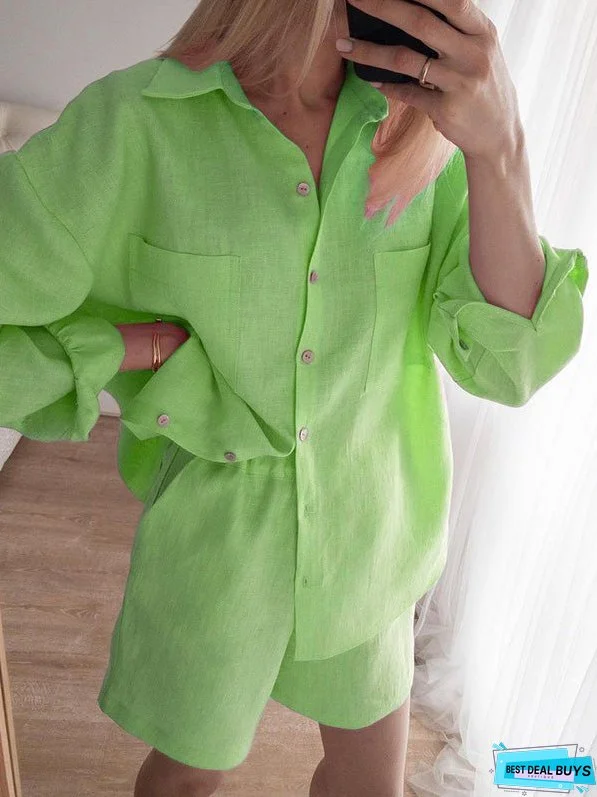 Women's Sets Long Sleeve Shirt & Elastic Waist Shorts Two-Piece Set