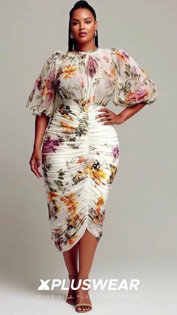 Xpluswear Design Plus Size Cocktail Party Elegant White Floral Round Neck Puff Sleeve Short Sleeve Bodycon Fold Chiffon Midi Dresses 2024 - Xpluswear