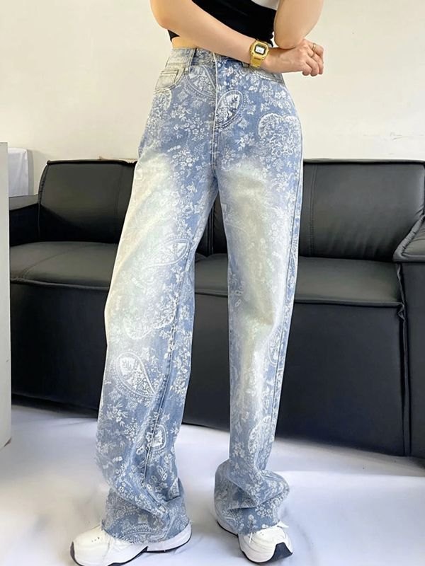 Faded Wash Floral Boyfriend Jeans