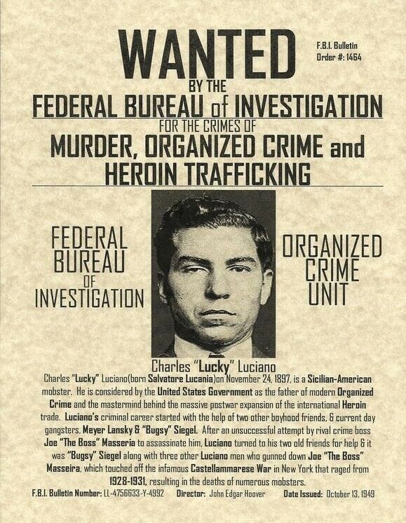 LUCKY LUCIANO 8X10 Photo Poster painting MAFIA ORGANIZED CRIME MOBSTER MOB PICTURE WANTED POSTER