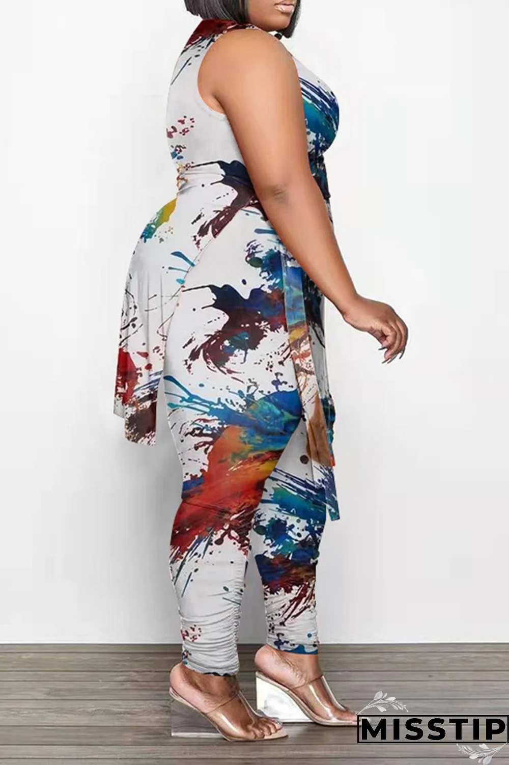 Black White Fashion Print Draw String O Neck Plus Size Two Pieces