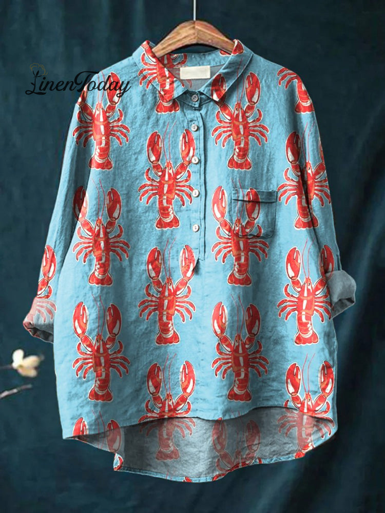 Lobster Repeat Pattern Printed Women’s Casual Cotton And Linen Shirt Multicolor / S