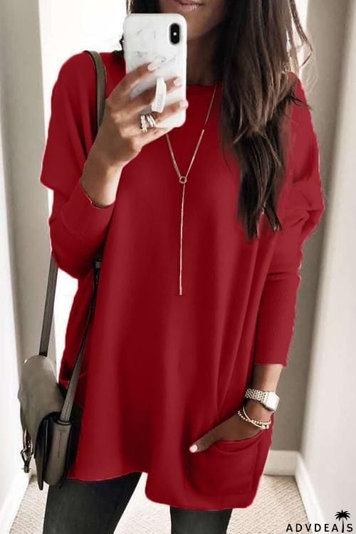 Pockets Long Sleeve Loose T Shirt