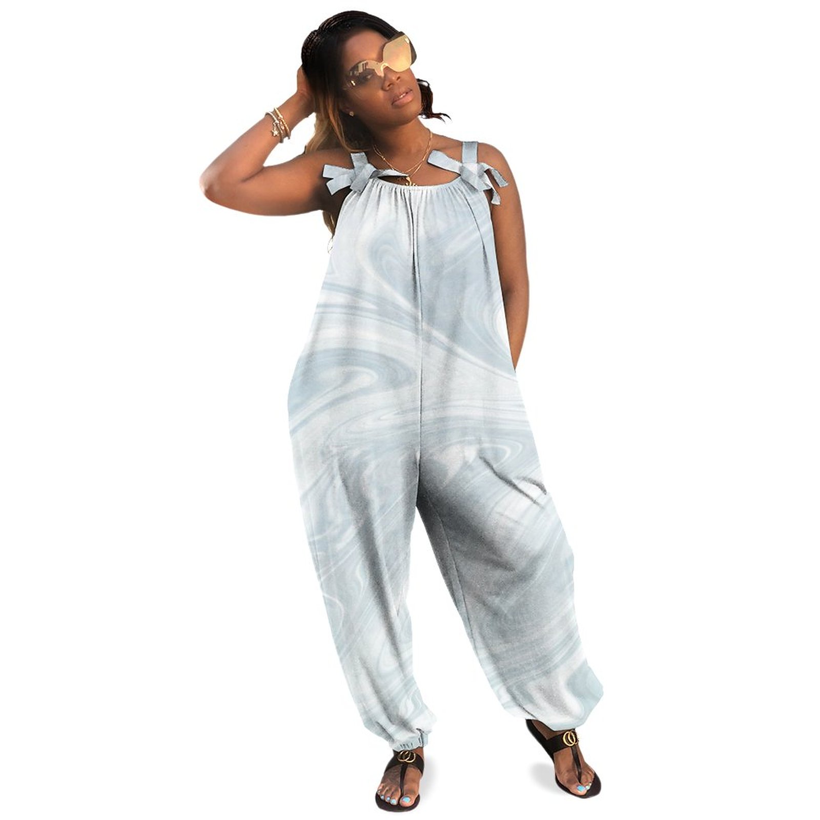 Light Grey Marble Print Artsy Style Boho Vintage Loose Overall Corset Jumpsuit Without Top