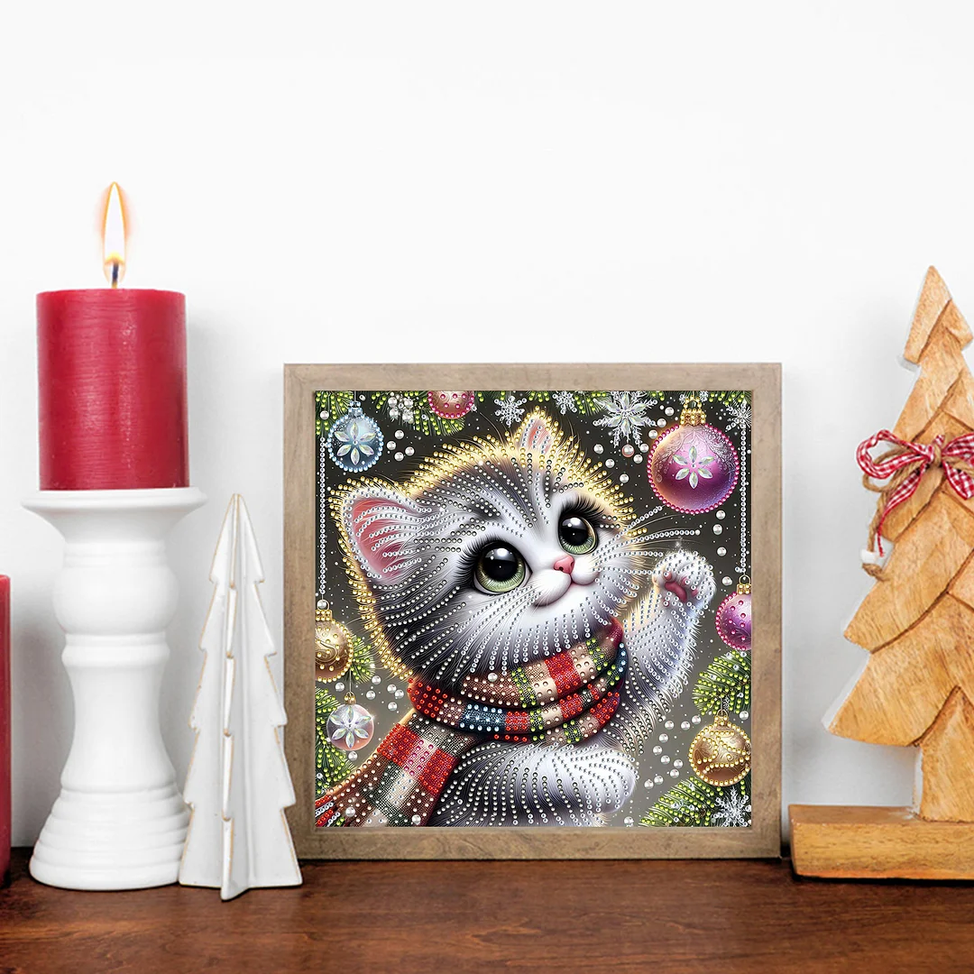 Christmas Cat - Diamond Painting - Partial Special Shaped Drill(Canvas|30*30cm)