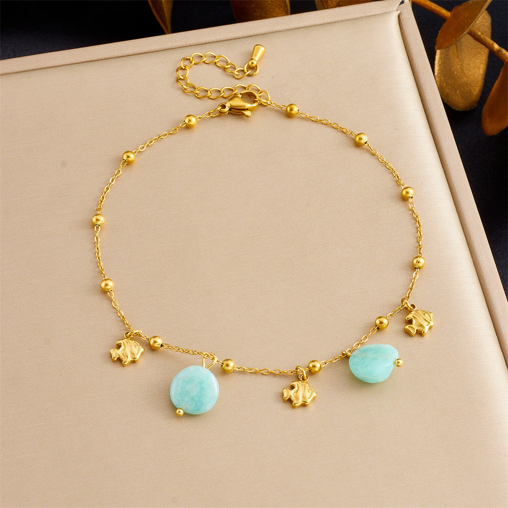 Fashion Beach Ocean Style Shell Dolphin Starfish Stacking Chain Double Layer Stainless Steel Anklet For Women