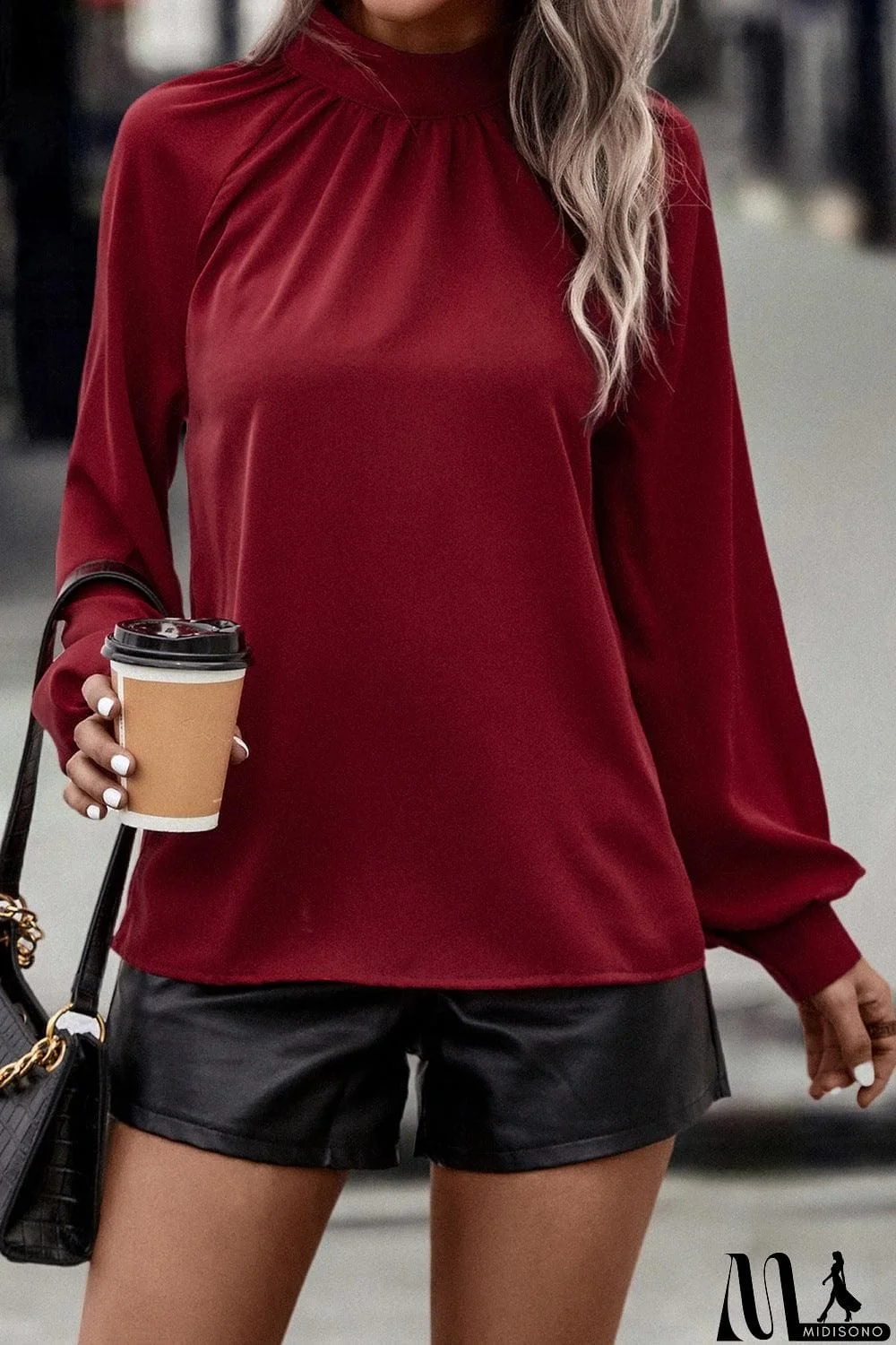 MidiSono - Cutout Gathered Detail Mock Neck Top