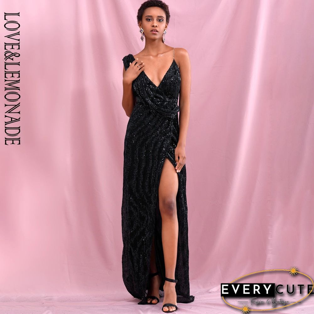 Sexy Black Deep V-Neck Whit Split Sequins Party Maxi Dress LM81849
