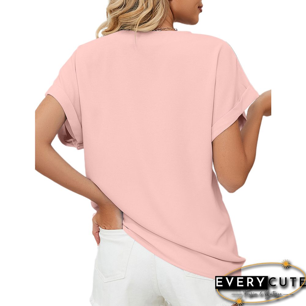 Pink Solid V Neckline Short Sleeve Tops