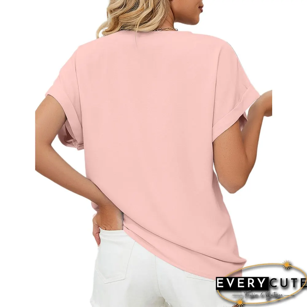 Pink Solid V Neckline Short Sleeve Tops