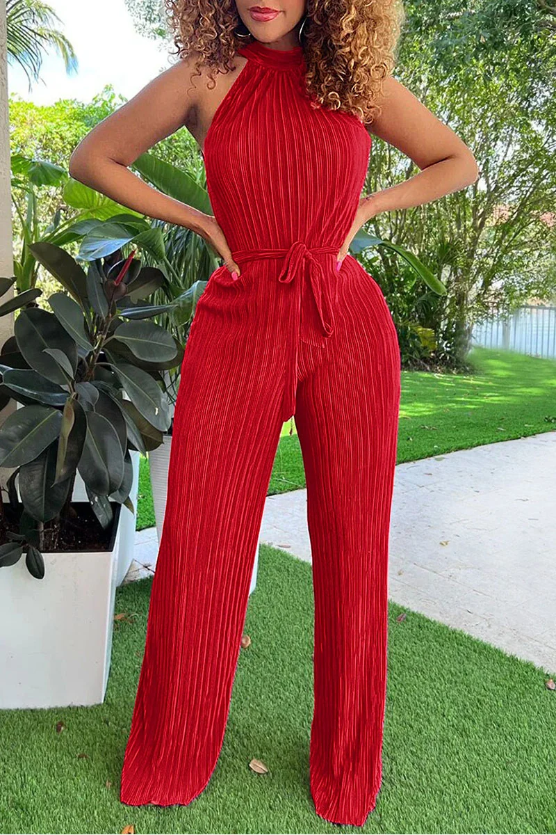 Red Casual Solid Fold O Neck Regular Jumpsuits(With Belt)