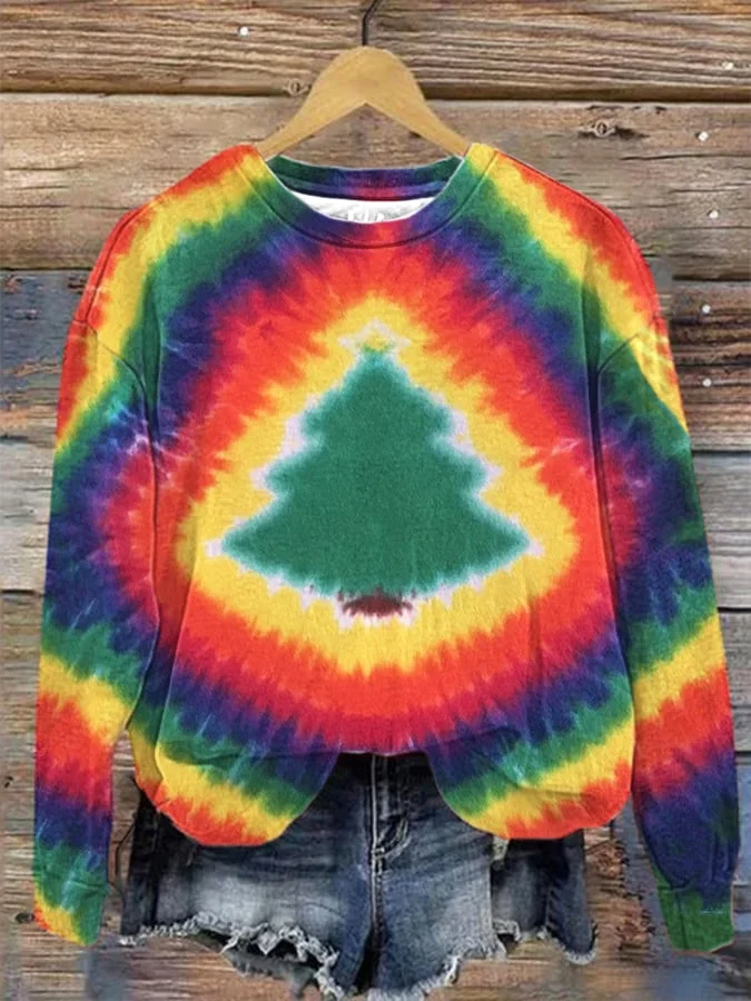 Women's Christmas tree tie-dye print sweatshirt