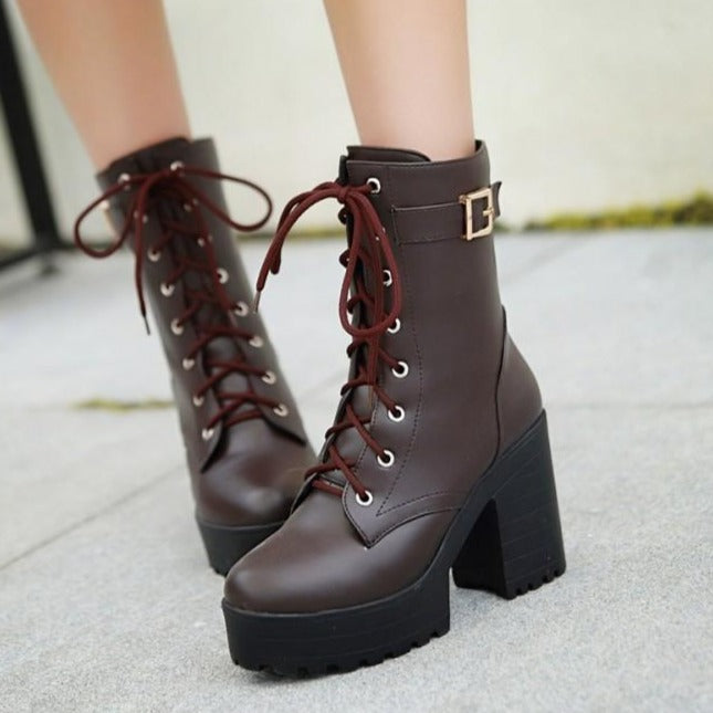 Women's fashion platform thick heeled combat boots lace-up thick boots