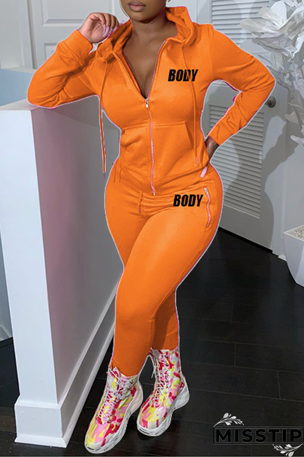 Orange Casual Print Draw String Letter Hooded Collar Plus Size Two Pieces