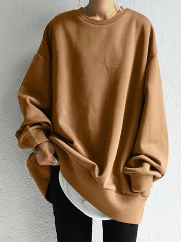 Casual Loose Solid Color Round-Neck Sweatshirt Top