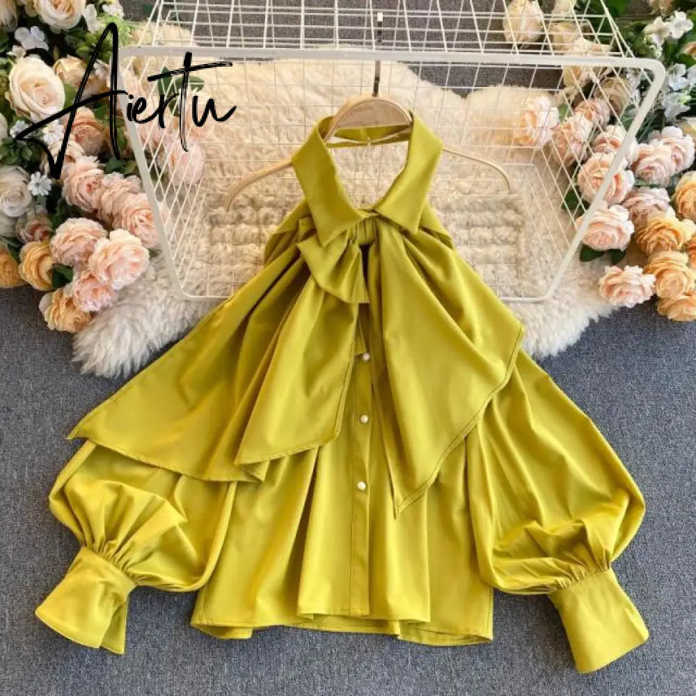 Aiertu Spring Autumn New Blouse Women Halter Scheming Halter Shirt Bowknot Lapel Puff Sleeve Female Top Aiertu