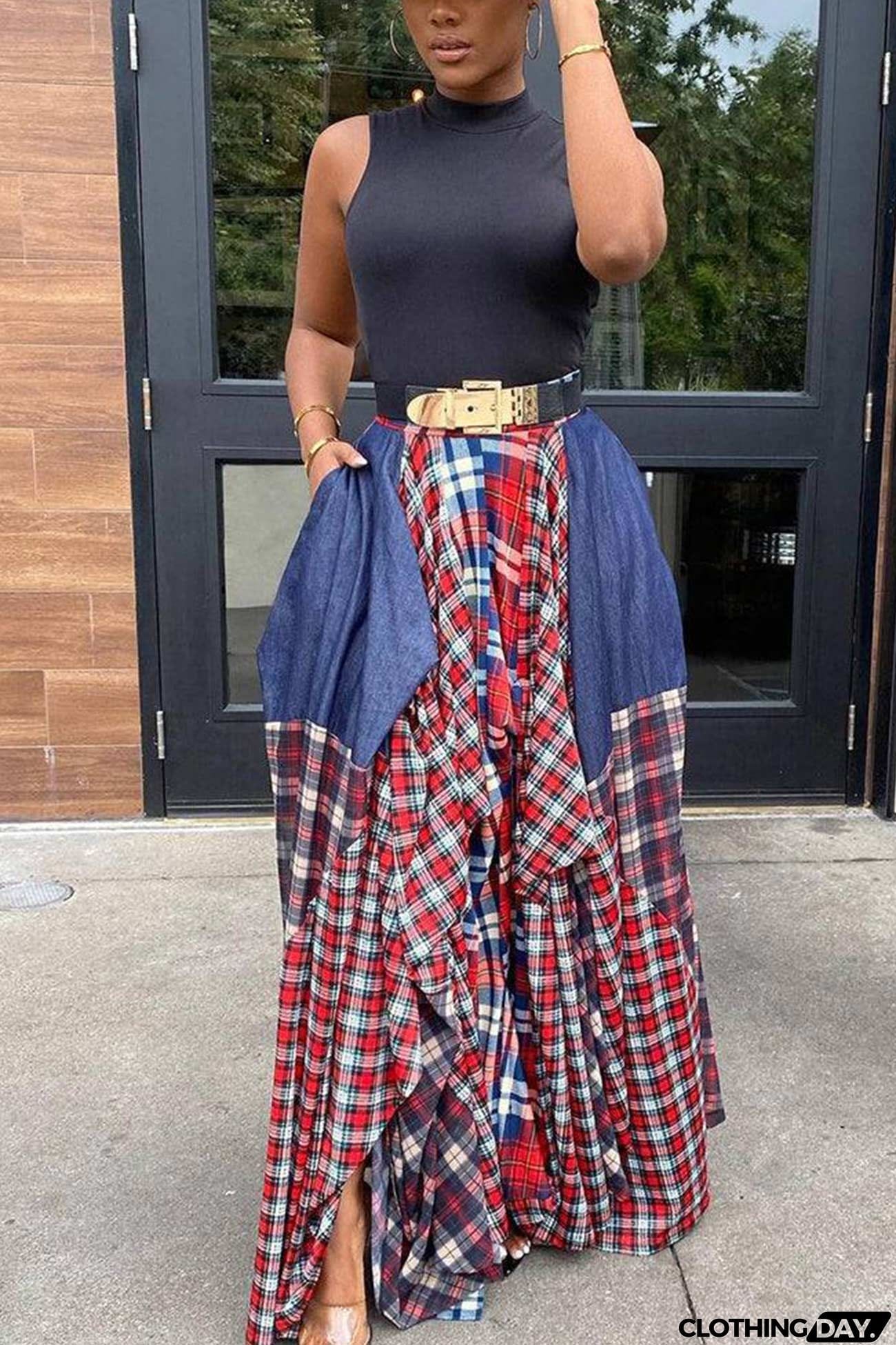 Splicing Plaid Print Skirt