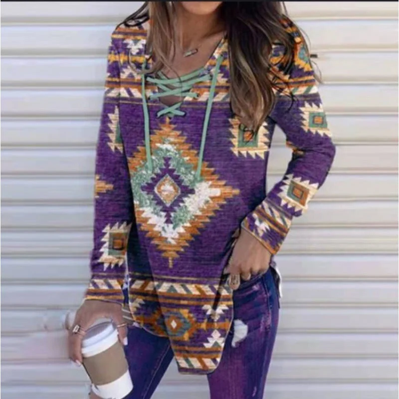 Uveng V-neck Lace Printing Printed Long Sleeve Women's Pullover