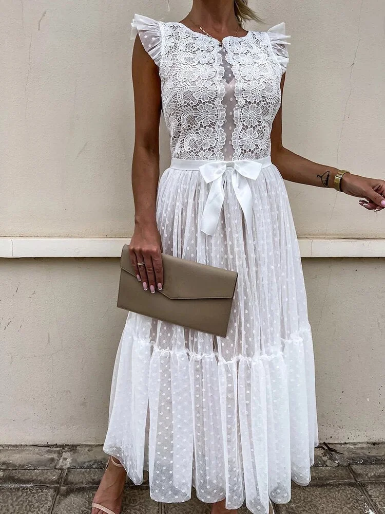 Women Elegant Turtleneck Lace Patchwork Party Dress Sexy Sleeveless Ladies Summer Mesh Ruffle Dress Cute Princess Lace-Up Dress