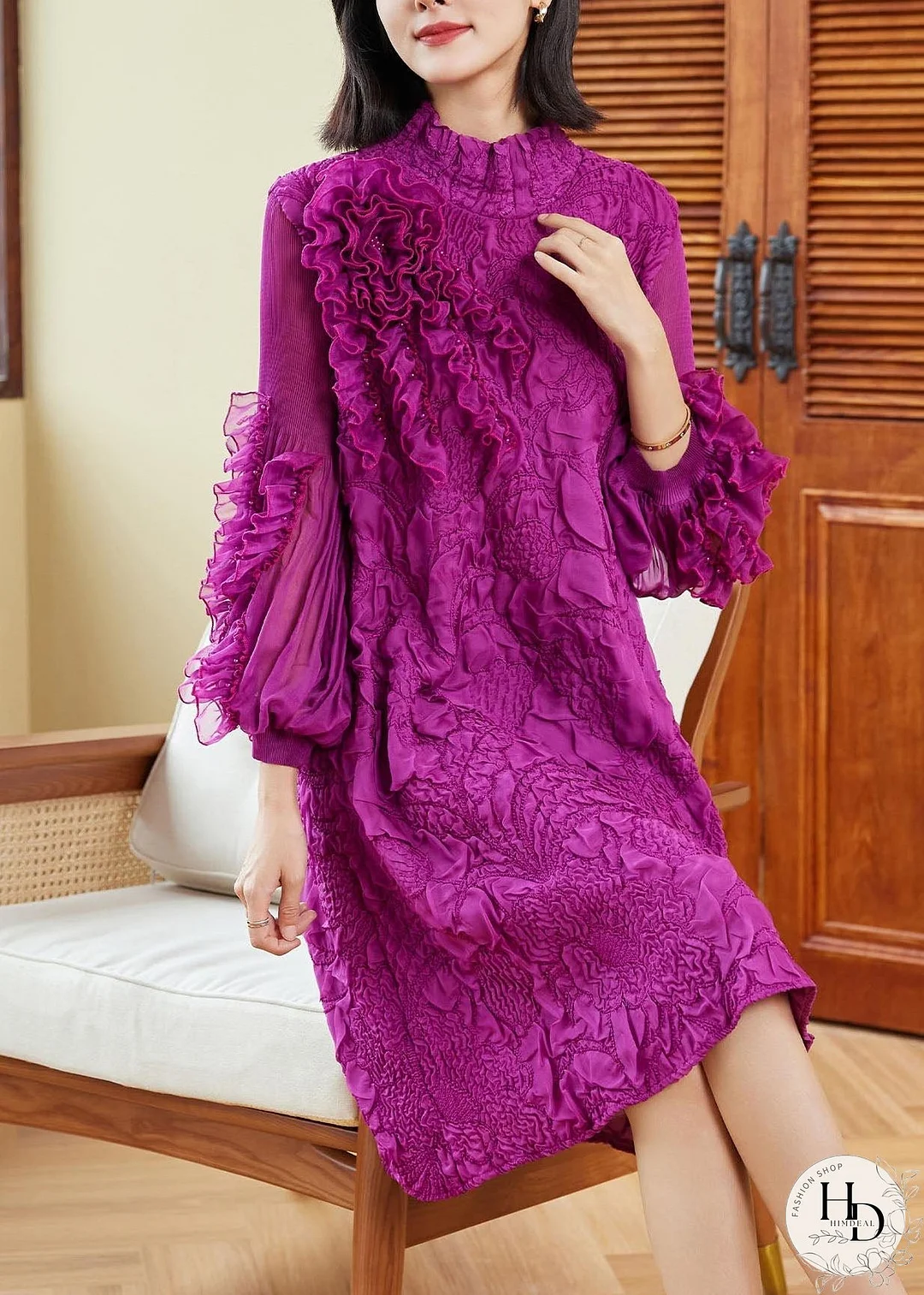 Organic Purple Stand Collar Ruffled Patchwork Wrinkled Maxi Dress Puff Sleeve