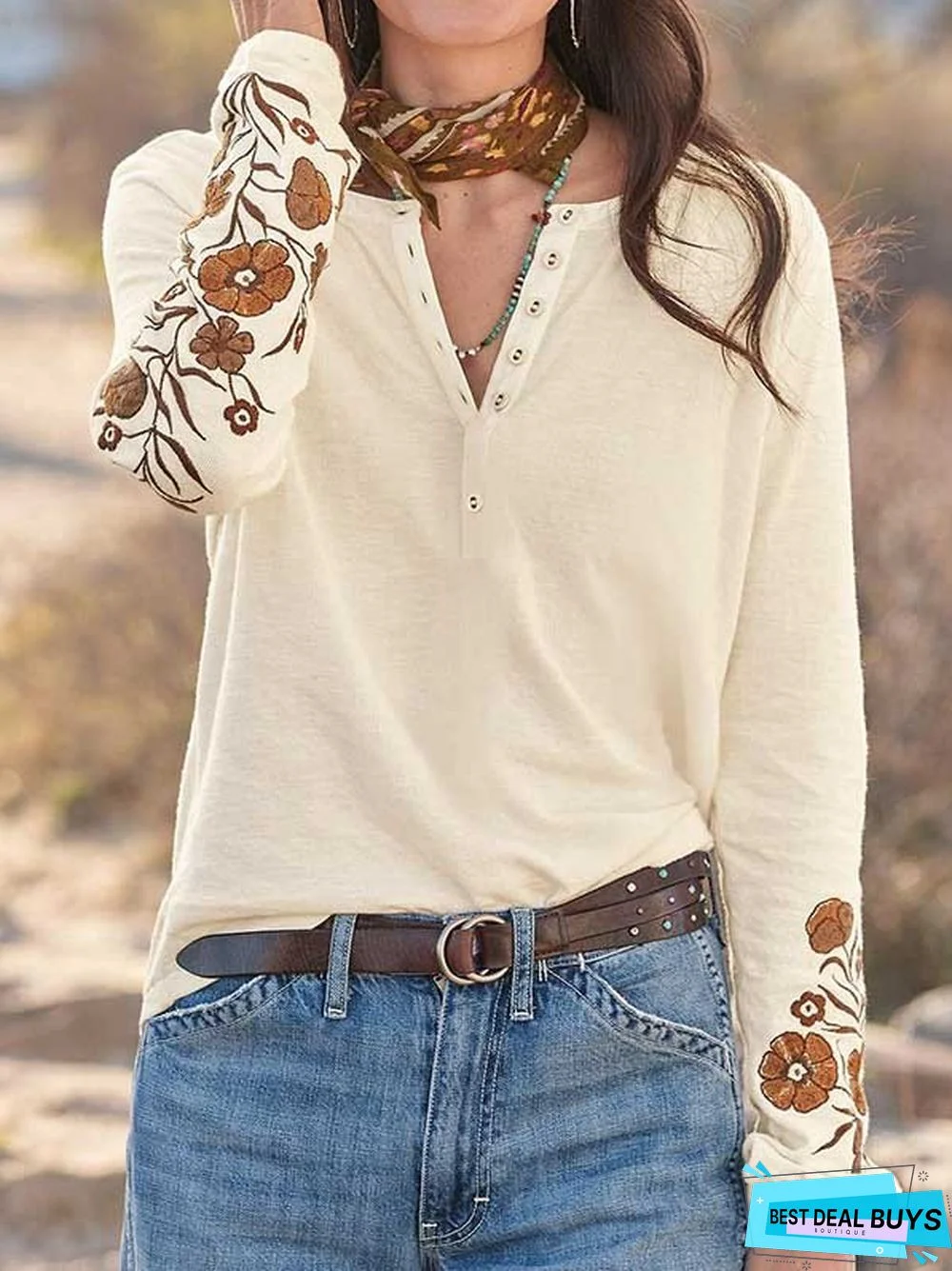 Cotton-Blend Casual Embroidery Floral T-Shirt