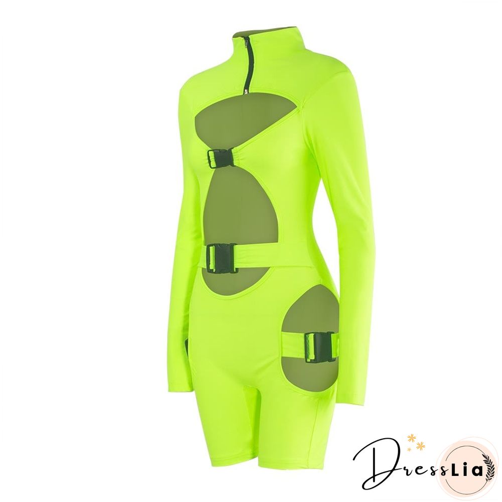 Women's Shorts Fluorescent Green Long Sleeve Jumpsuit