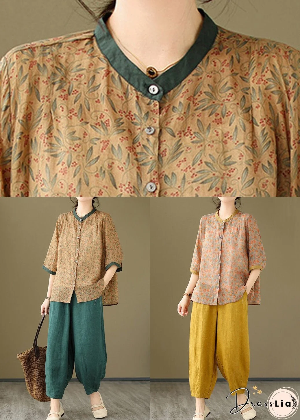 Orange Button Pockets Cotton Two-Piece Set Pink Half Sleeve Bracelet Sleeve