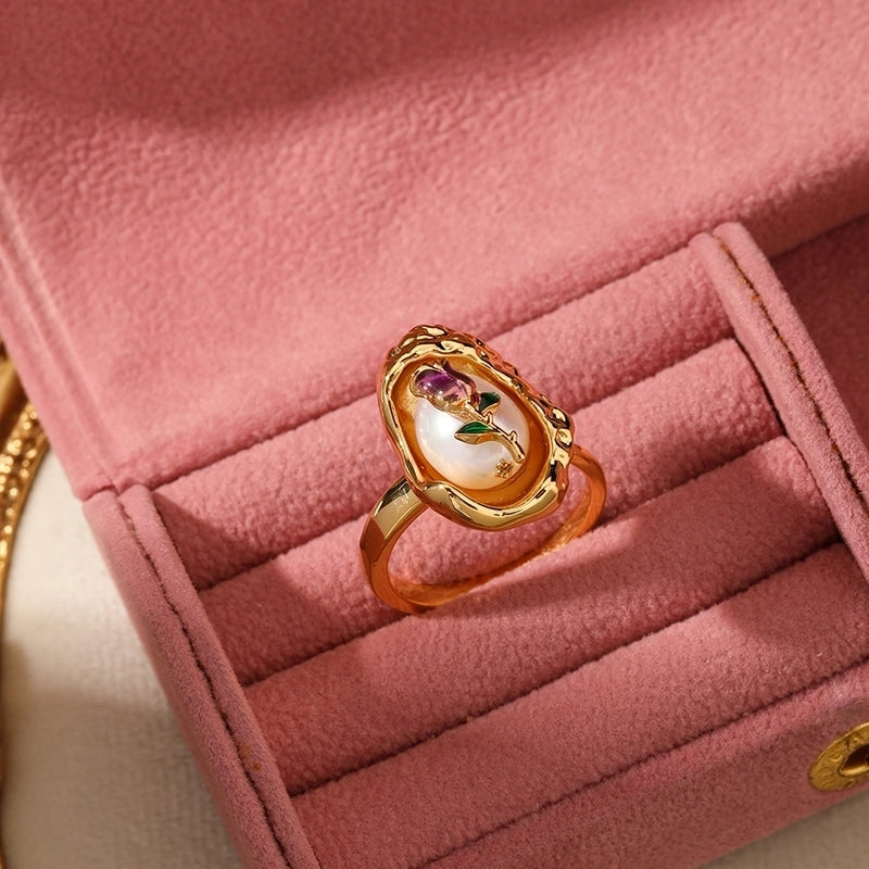 Copper Inlay Rose Pearl Open Rings