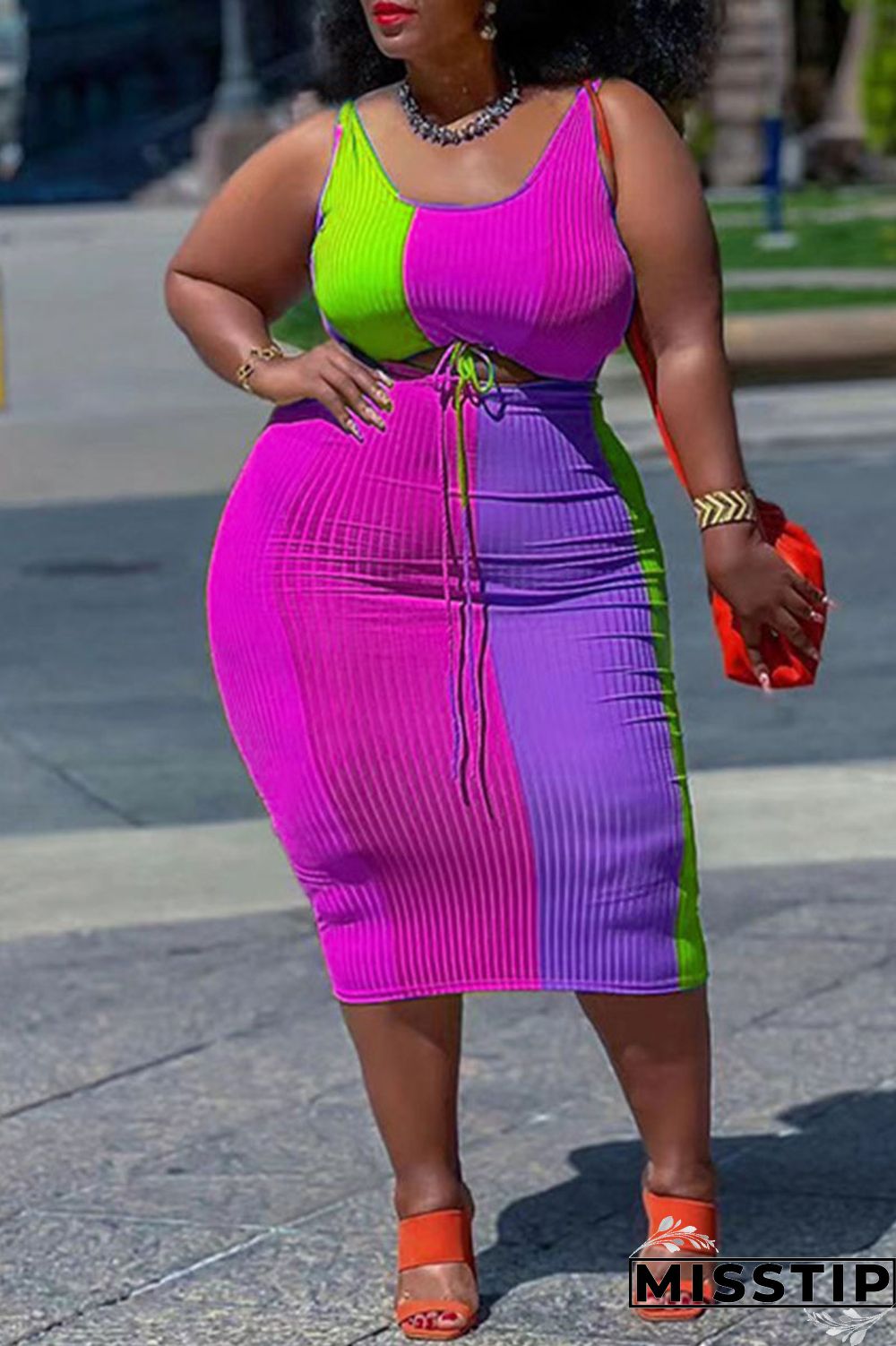 Fluorescent Green Casual Print Patchwork U Neck Plus Size Two Pieces