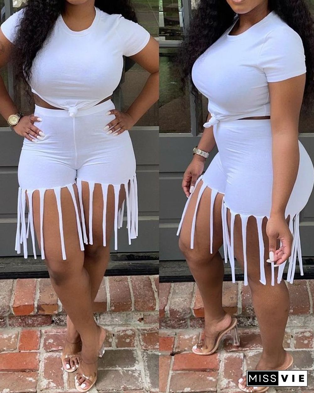 Sporty Fringe Embellished Bodycon Tank & Shorts 2-piece set