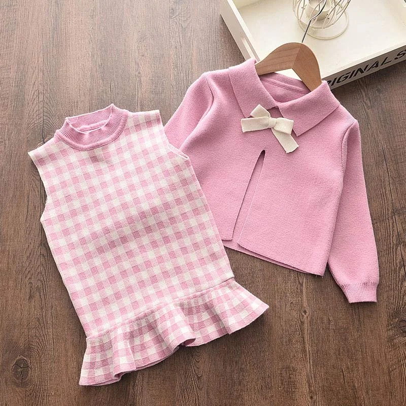 Bear Leader Girls Baby Winter Knitted Clothes Sets Fashion Kids Elegant Plaid Sweaters Tops And Skirt Outfits Princess Knitwear