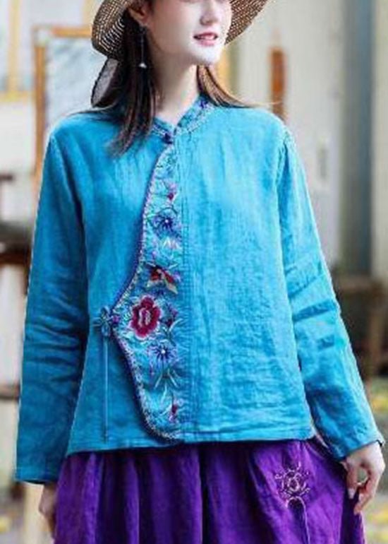 Oriental Blue O-Neck tie waist Embroideried Linen tops Spring CK2865- Fabulory