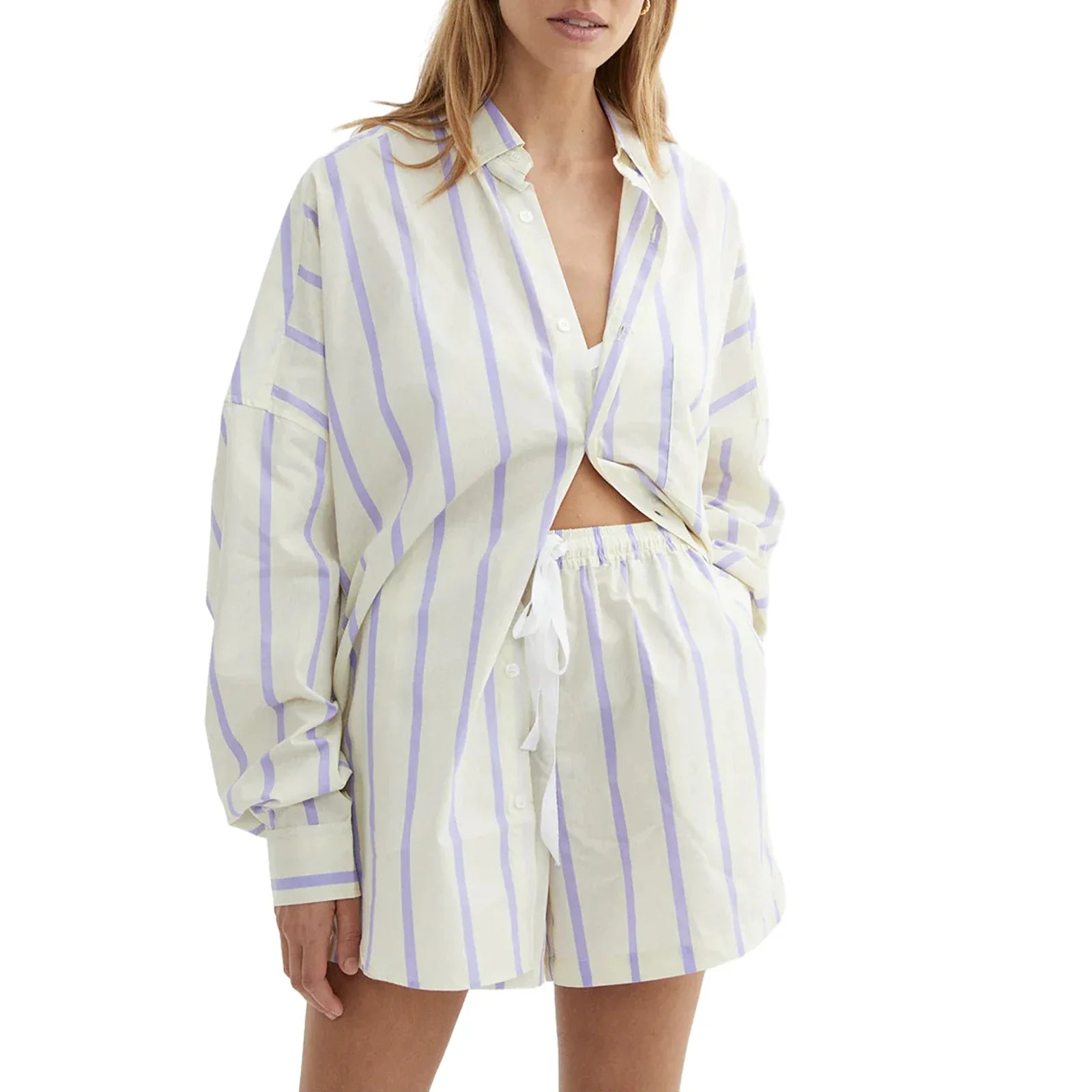 Llyge Womens Y2K 2Piece Casual Loose Set Striped Long Sleeve Button Down Lapel Shirt+Drawstring Elastic Waist Shorts Outfit llyge