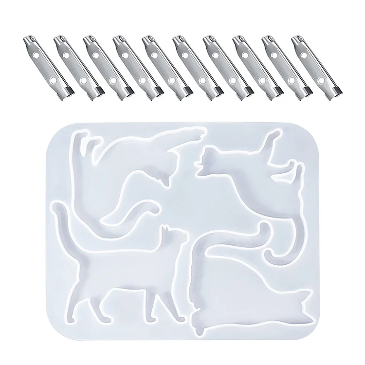 Silicone Mold - Cat Resin Brooch Earring Mould with 10 Pin Buckles (White)