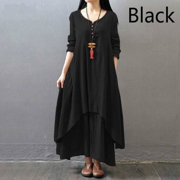 New Women Casual Loose Dress Solid Long Sleeve Cotton Boho Long Maxi Autumn Dress (Plus Size:XS-5XL) - Shop Trendy Women's Clothing | LoverChic