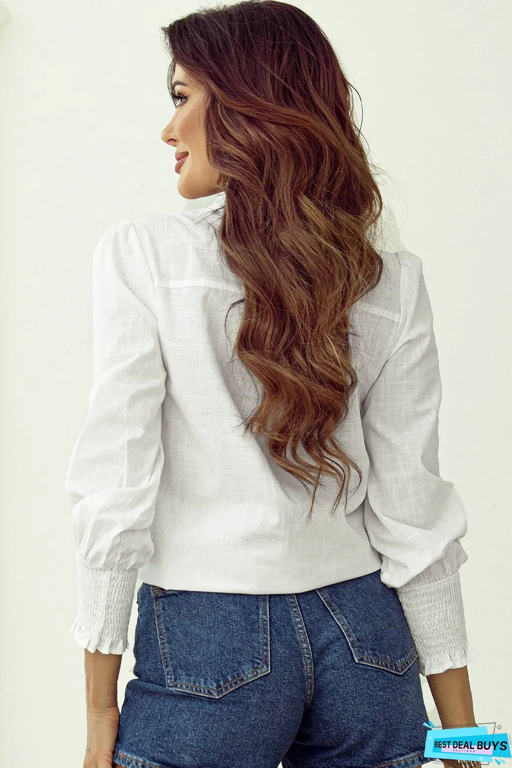 Floral Embroidered Shirred Sleeve Elegant Shirt