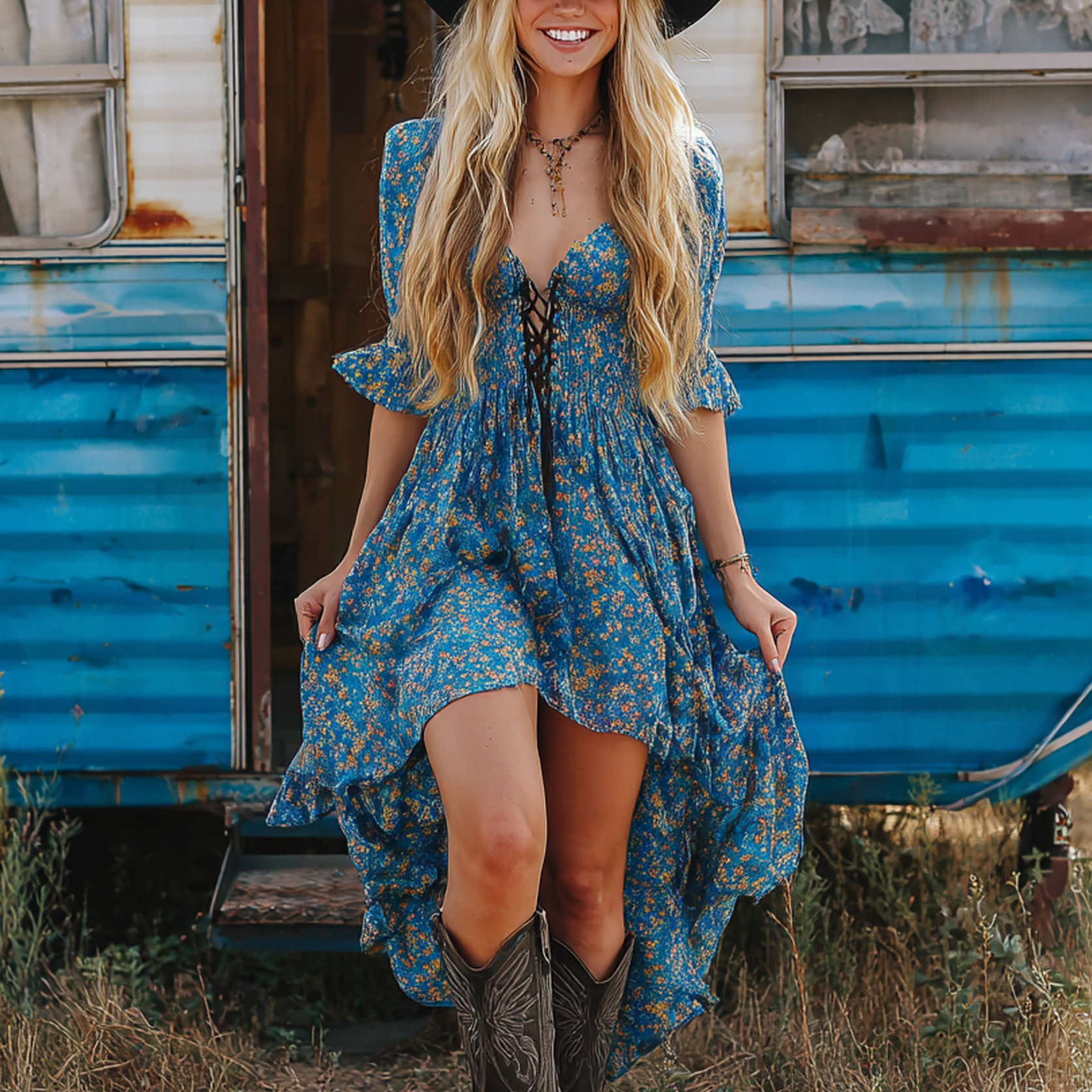 Women's Vintage Boho Blue Floral Dress With Cowboy Boots