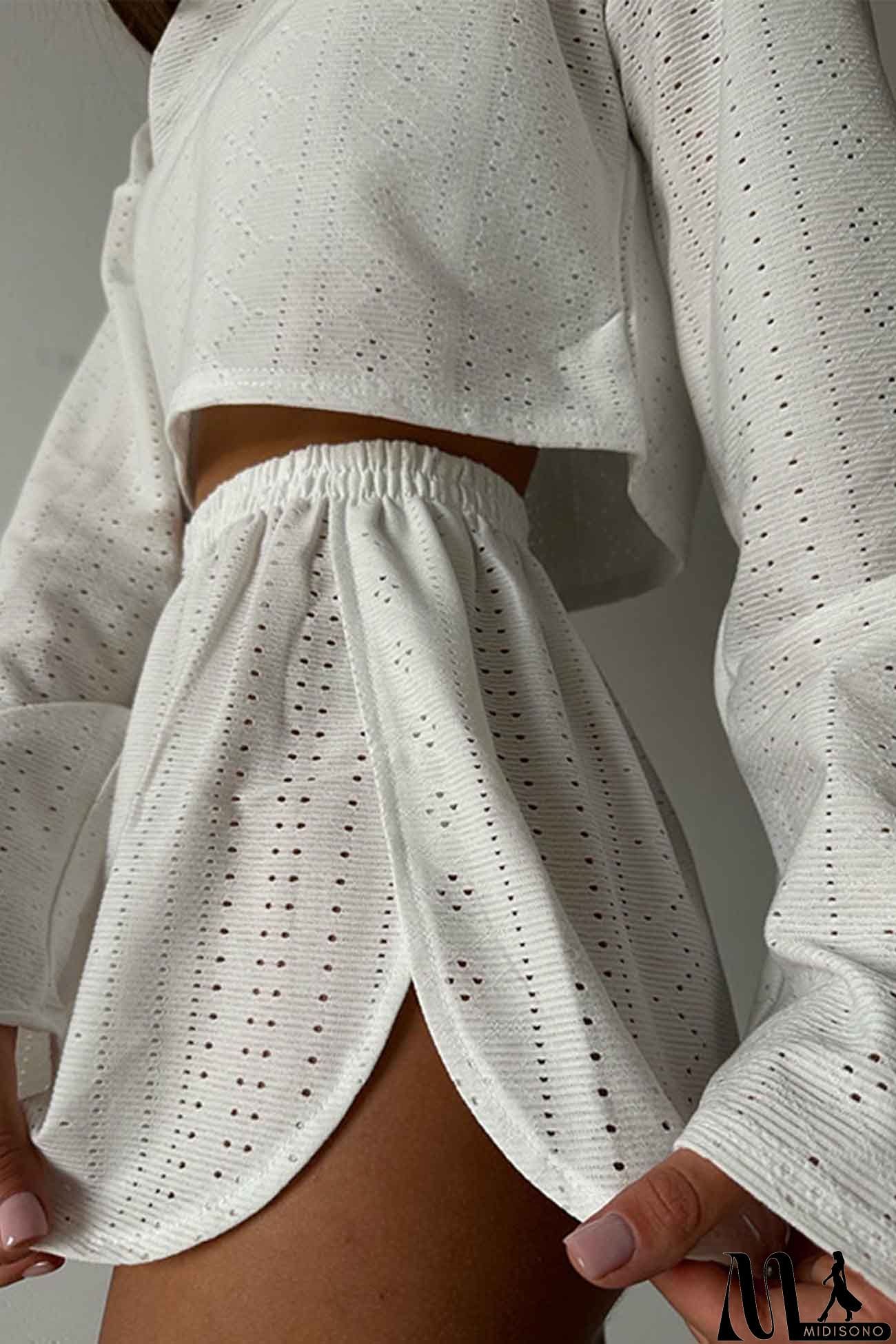 MidiSono - Hollow Long Sleeve Shorts Slit Two-Piece Set