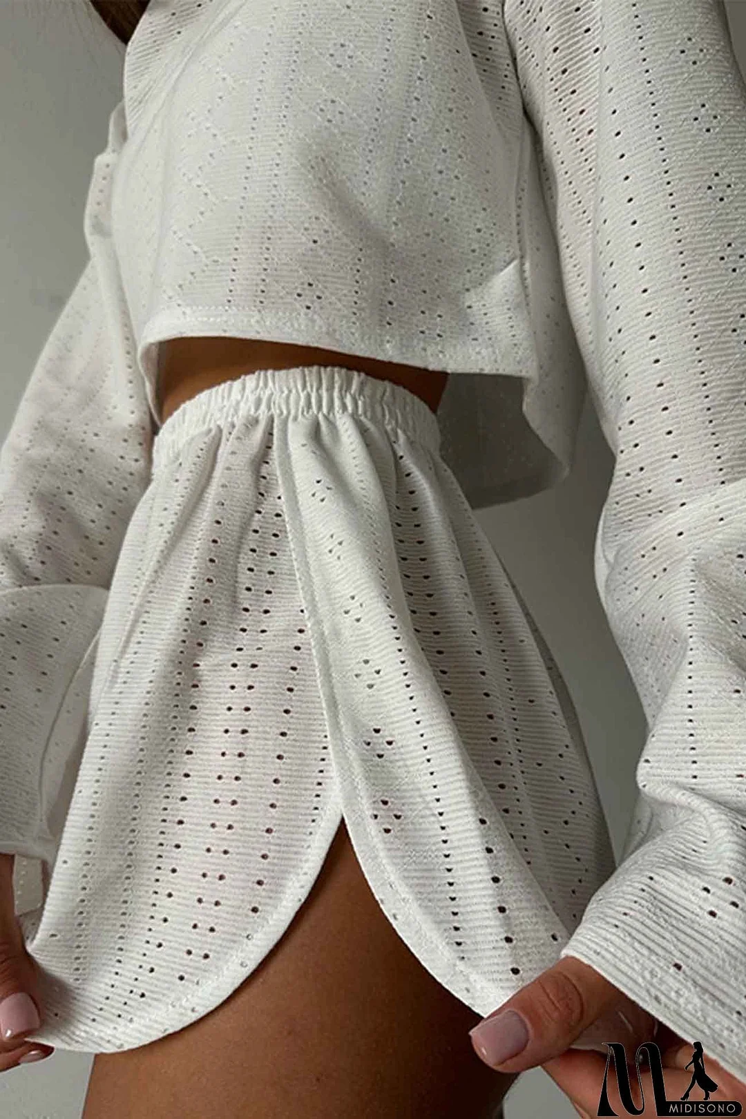 MidiSono - Hollow Long Sleeve Shorts Slit Two-Piece Set