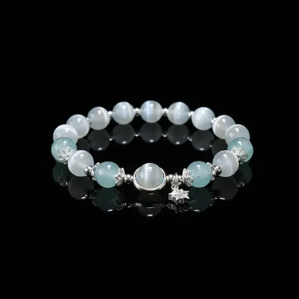 JiStones Serene Moonlight - White Cat's Eye & Aquamarine Crystal Bracelet