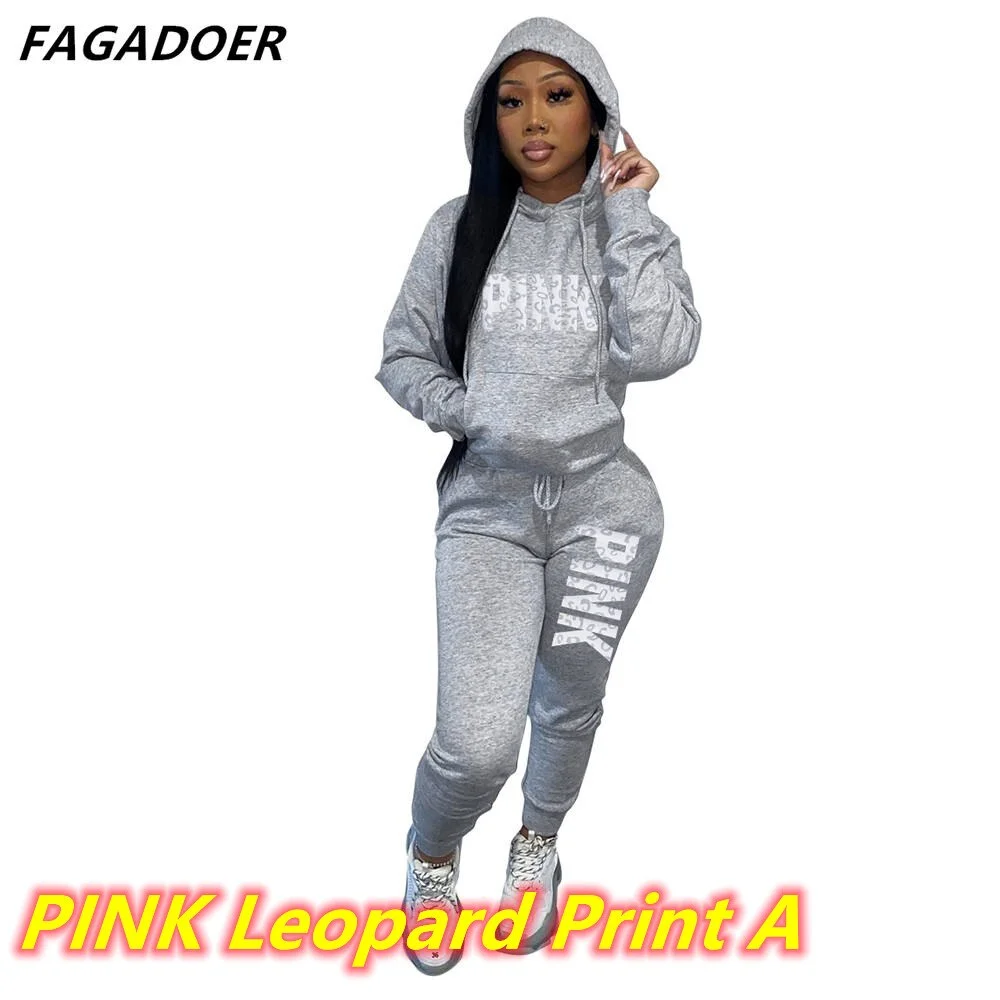 FAGADOER Two Piece Set Women Hooded Sweatsuits Fashion Pink Letter Leopard Print Tracksuit Casual Female Outfits Streetwear 2021