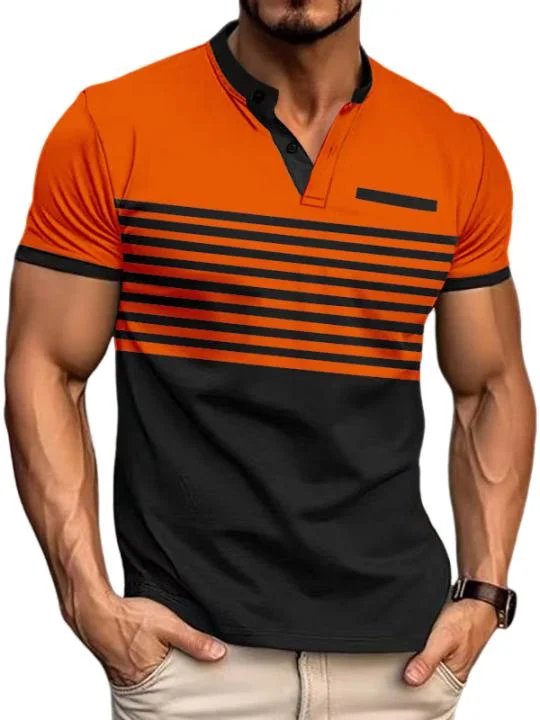 Men's Casual Striped Button Pocket Short Sleeve Henley Shirt