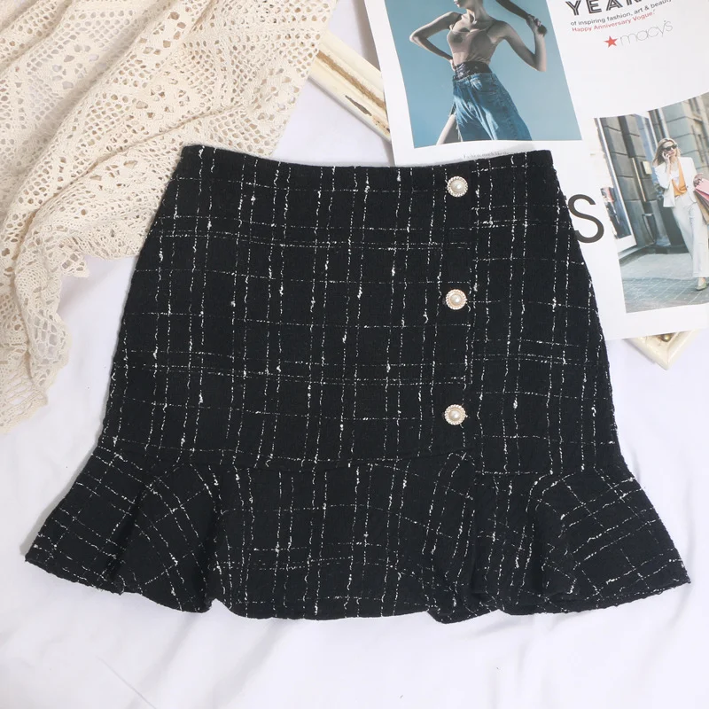 Brownm 2023 New Autumn And Winter Lattice Coarse Flowers Half-Body Skirt High Waist A-Word Bag Hip Irregular Fishtail Skirt 8876
