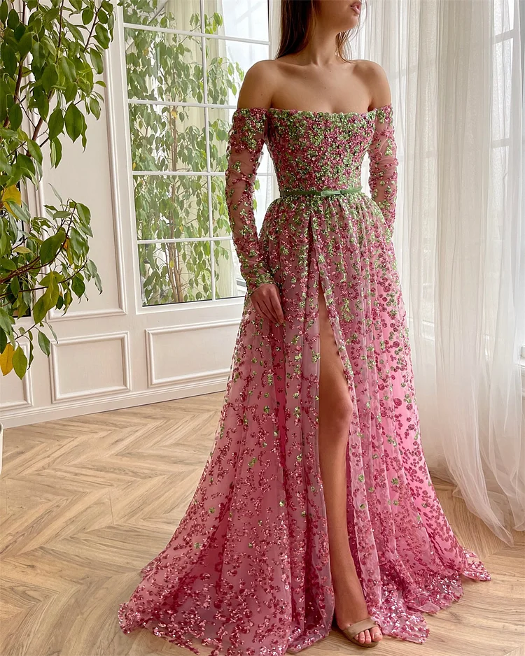 Women's Off Shoulder Slit Sequin Embroidery Dress