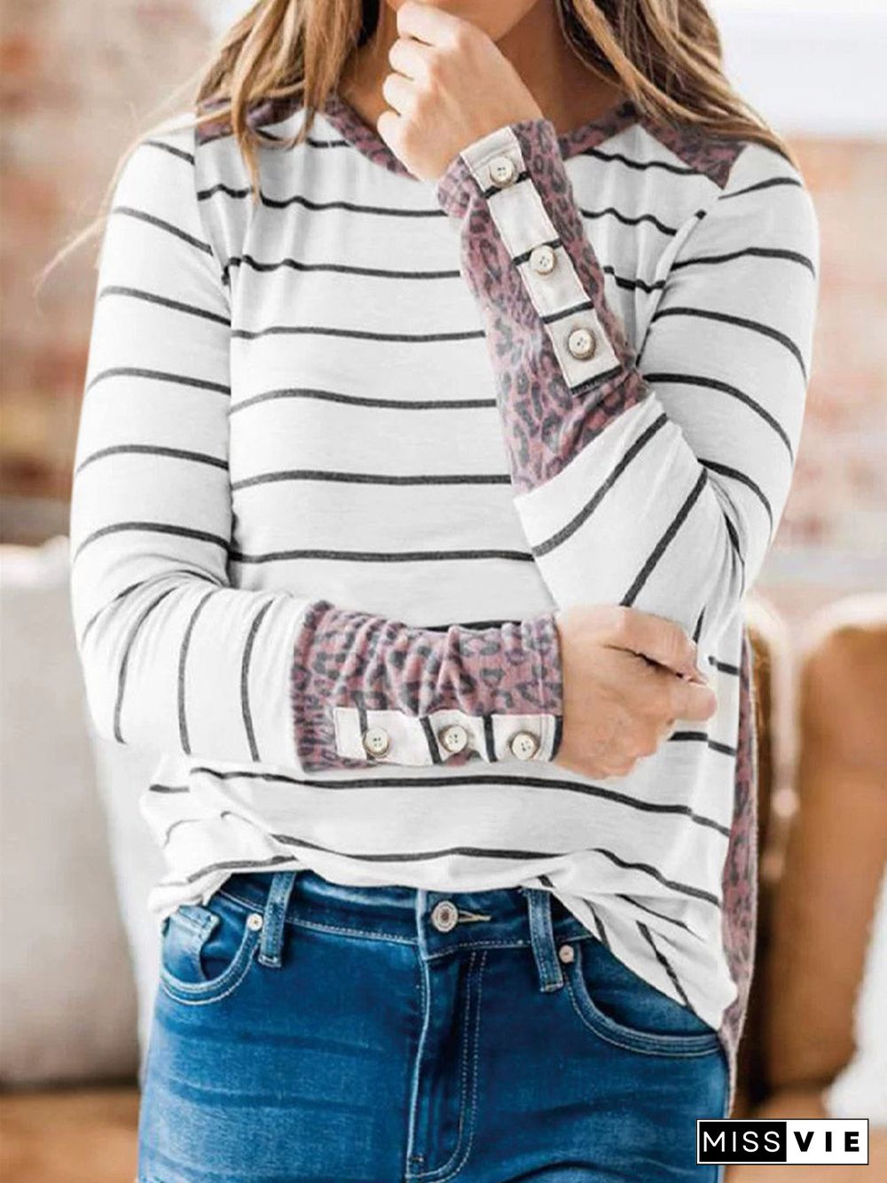 Women's Striped Long Sleeve Scoop Neck Tops