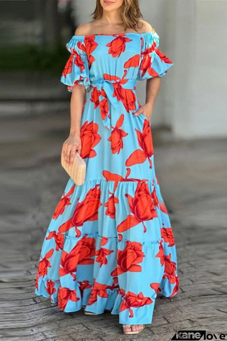 Elegant Print Flounce Fold Off the Shoulder Printed Dress Dresses