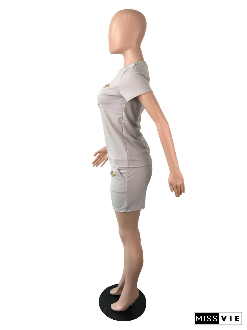 Summer Fashion New Bees Decorative Solid Color Short Sleeve T Shirt Pocket Shorts 2 Piece Set