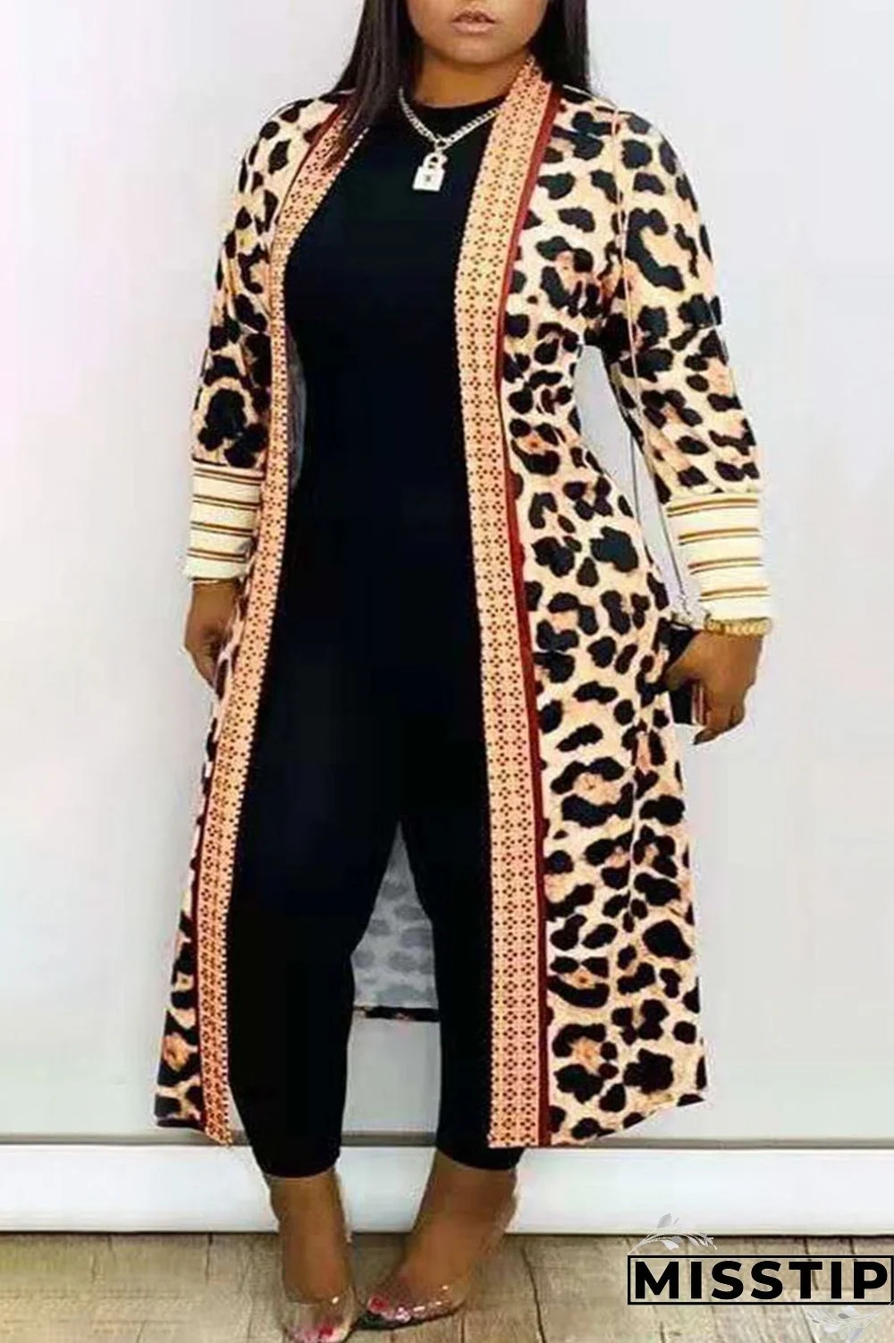 Red Fashion Casual Print Leopard Cardigan Plus Size Overcoat