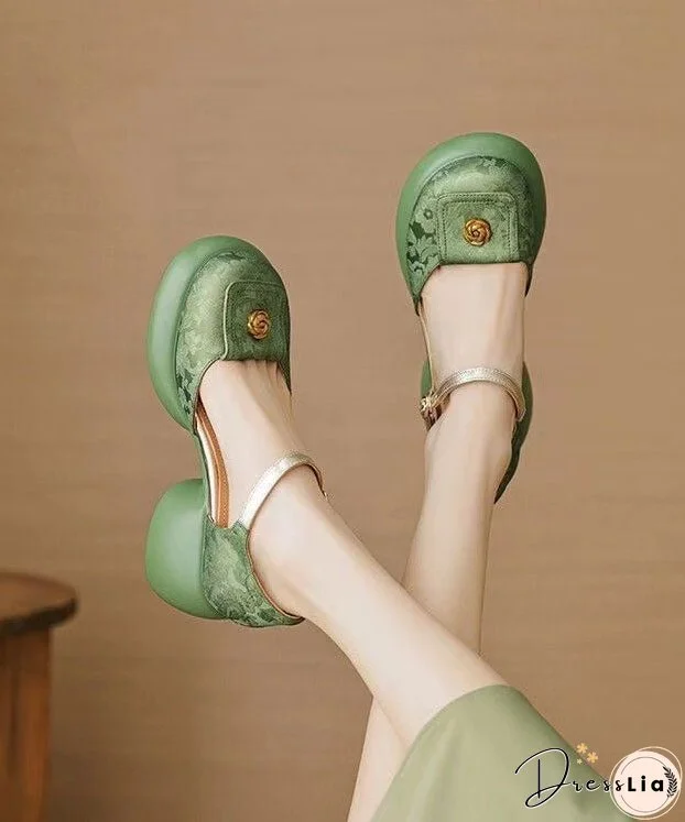 New Retro Green Embossed Buckle Strap Chunky Sandals