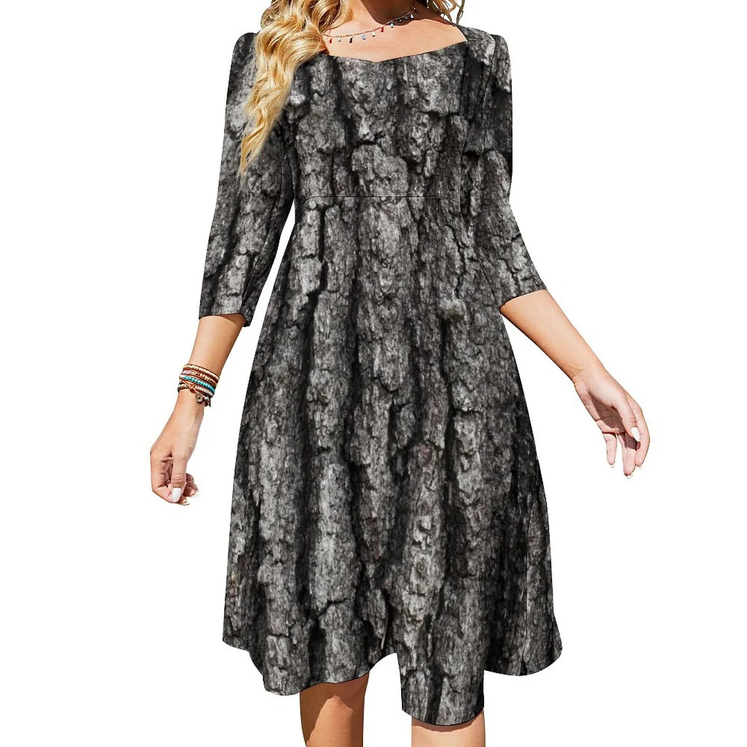 Oak Tree Bark Dress Sweetheart Tie Back Flared 3/4 Sleeve Midi Dresses